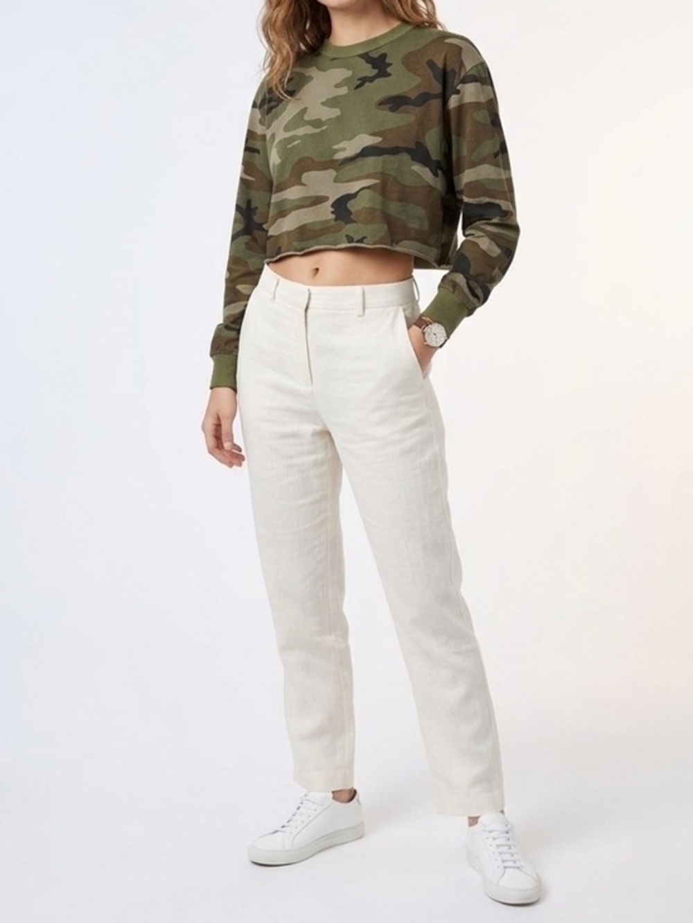 Aritzia TNA Cropped Green & Brown Camo Print  Long Sleeve Top Size XXS